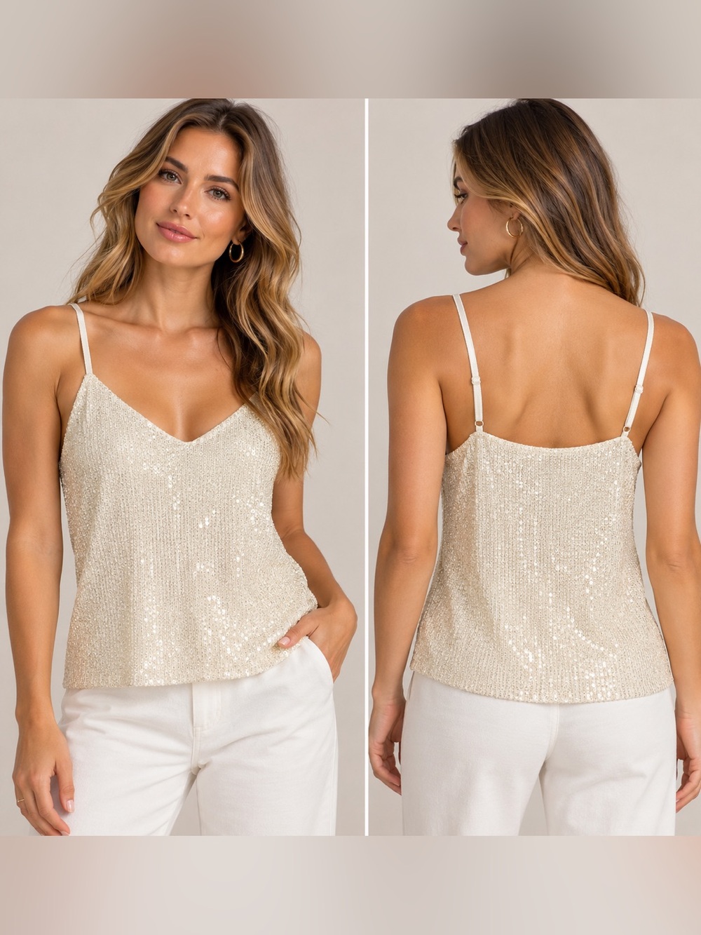 Steve Madden Ivory Sequin Cami Tank Top Size L NWT Adjustable Straps